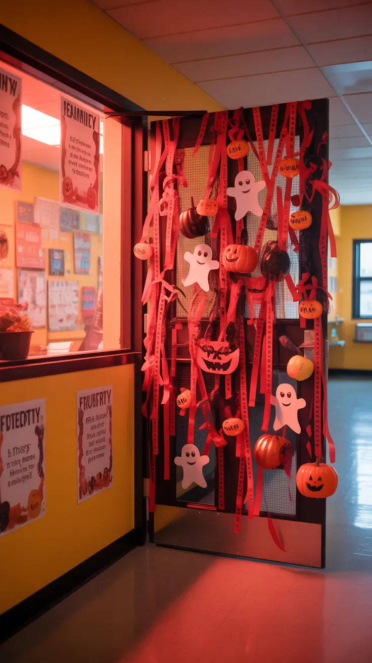 Halloween door ideas 2025 Red Ribbon Inspired Halloween Door Designs