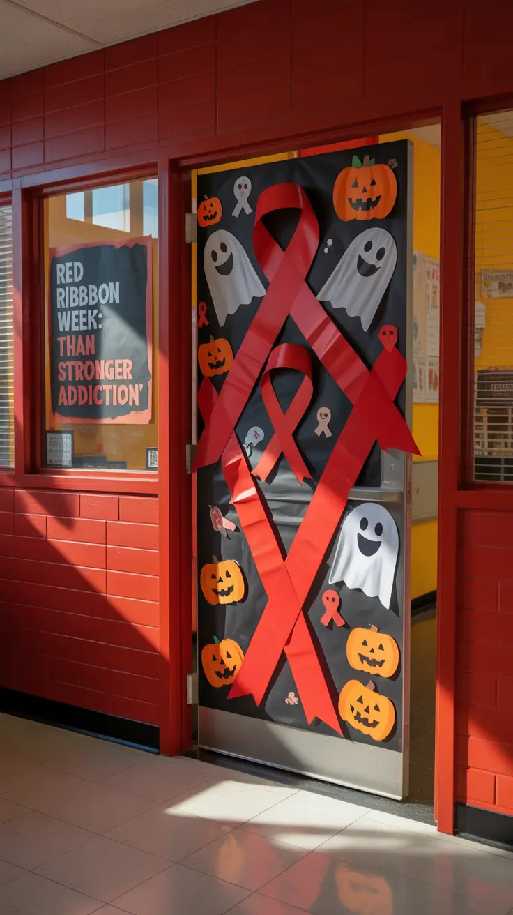 Halloween door ideas 2025 Red Ribbon Inspired Halloween Door Designs