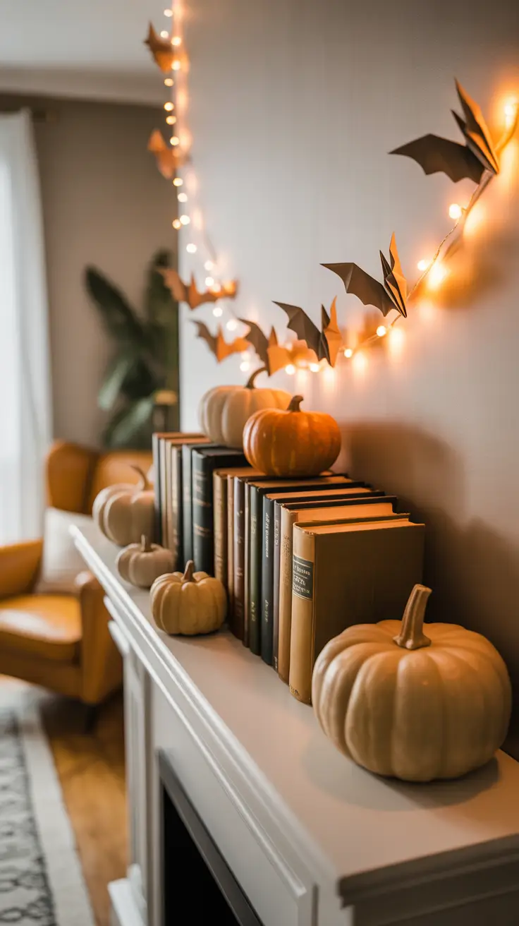 Halloween Living Room Decor Ideas 2025 Aesthetic Mantel Makeover With Bats And Books