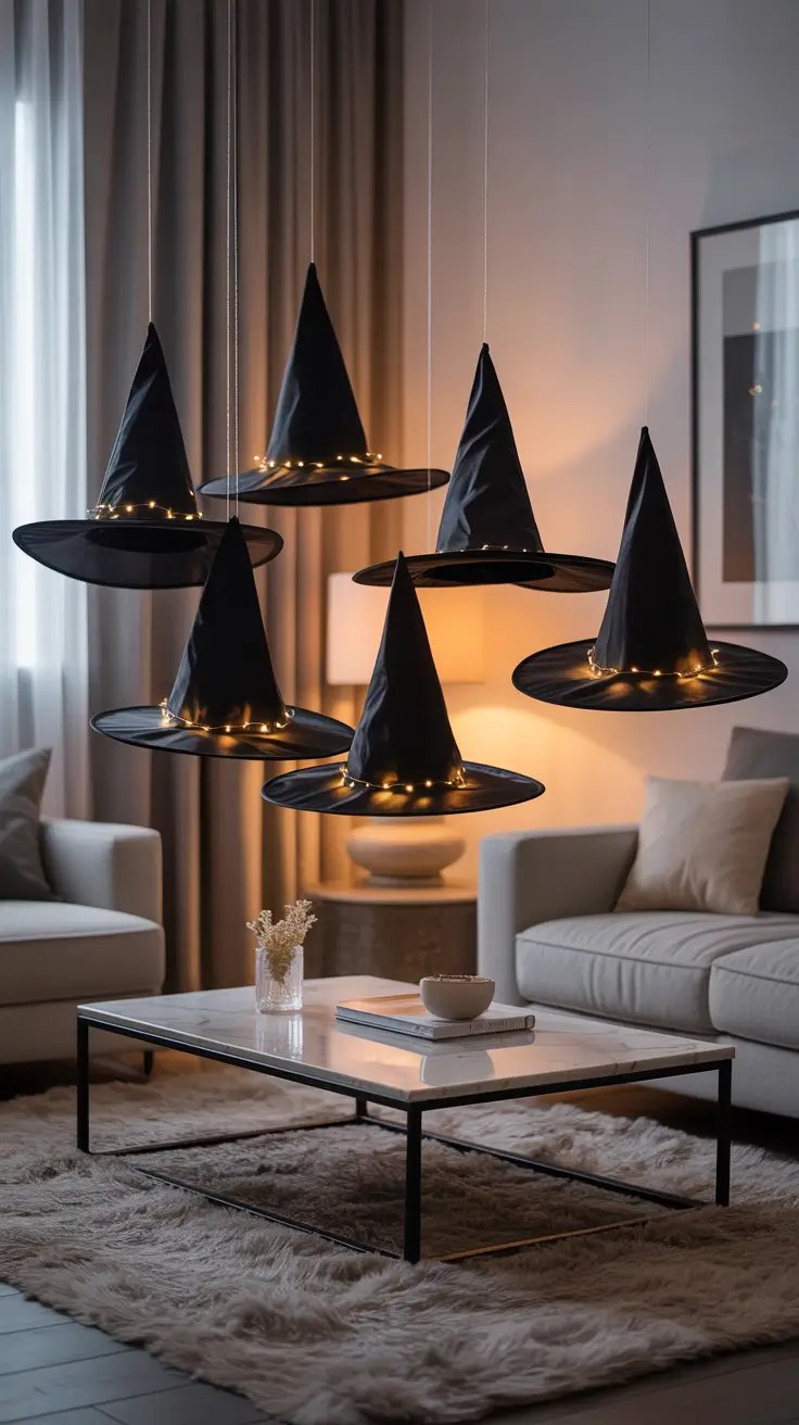 Halloween Living Room Decor Ideas 2025 DIY Floating Witch Hats With String Lights