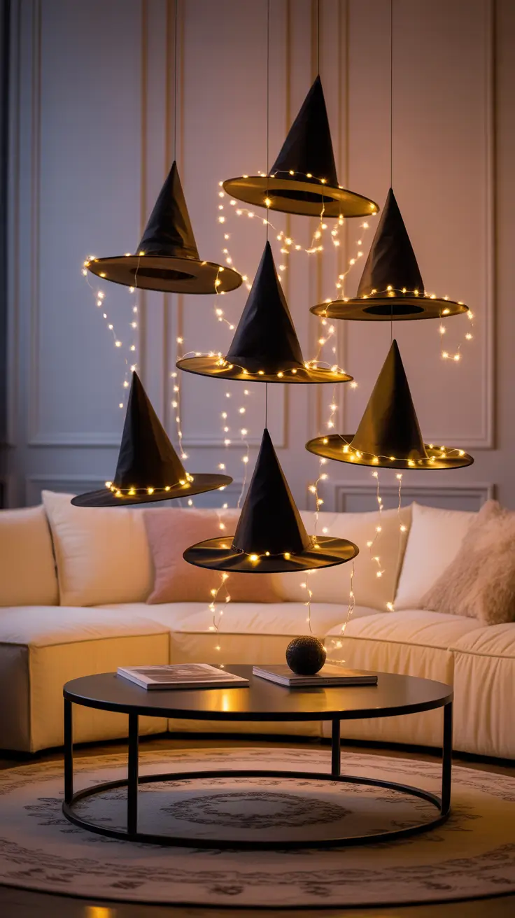 Halloween Living Room Decor Ideas 2025 DIY Floating Witch Hats With String Lights