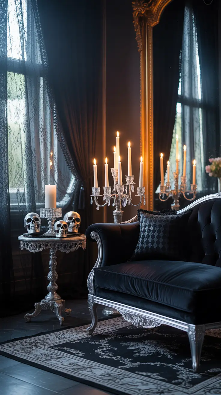 Halloween Living Room Decor Ideas 2025 Glam Goth Living Room With Lace And Skulls