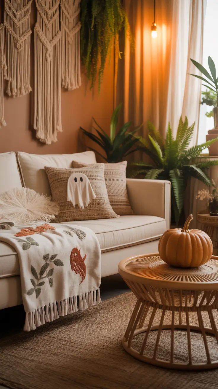 Halloween Living Room Decor Ideas 2025 Cozy Boho Halloween With Macramé Touches