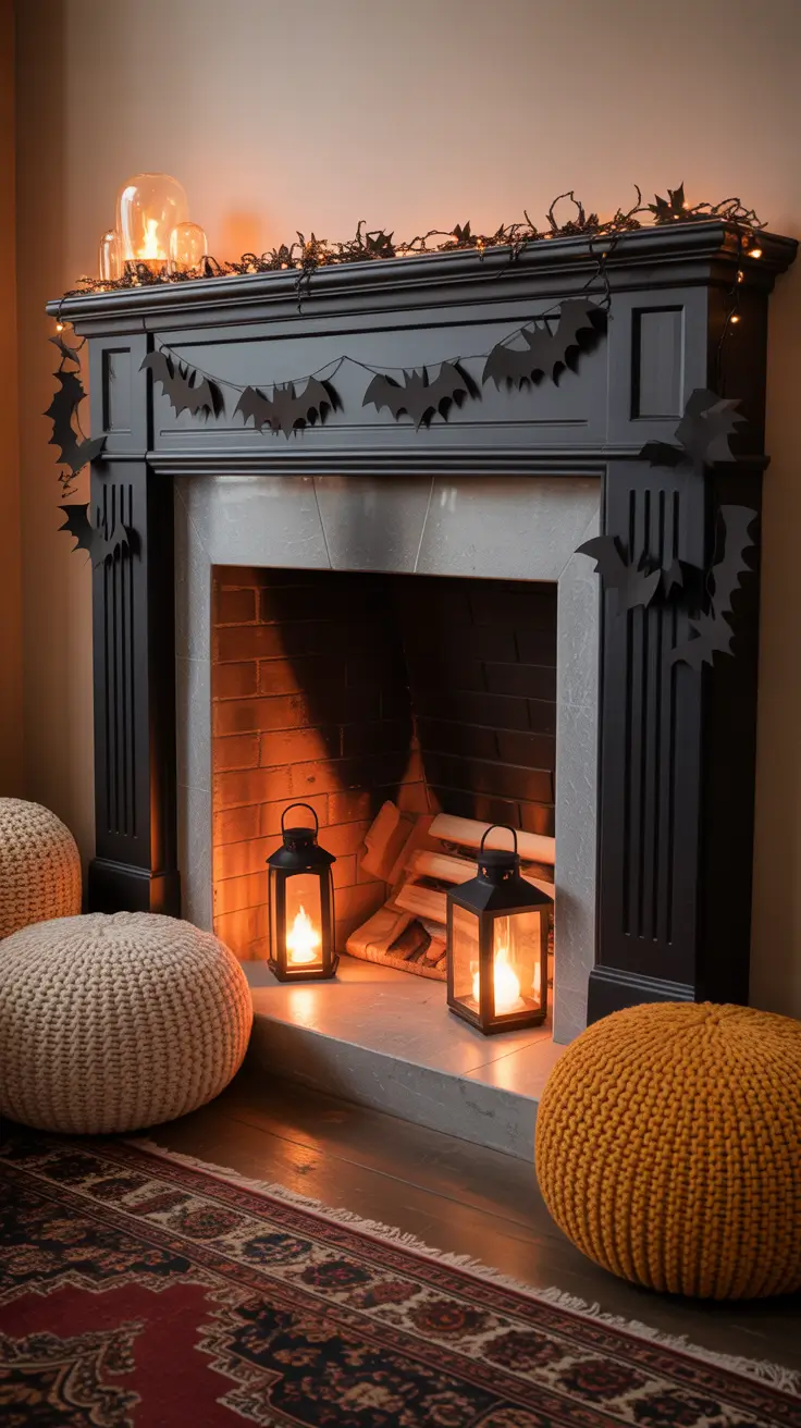 Halloween Living Room Decor Ideas 2025 A Fireplace Dressed In Spooky Elegance