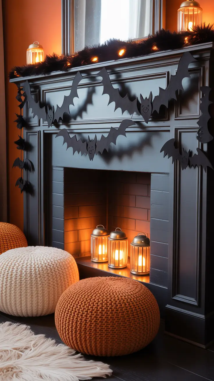 Halloween Living Room Decor Ideas 2025 A Fireplace Dressed In Spooky Elegance