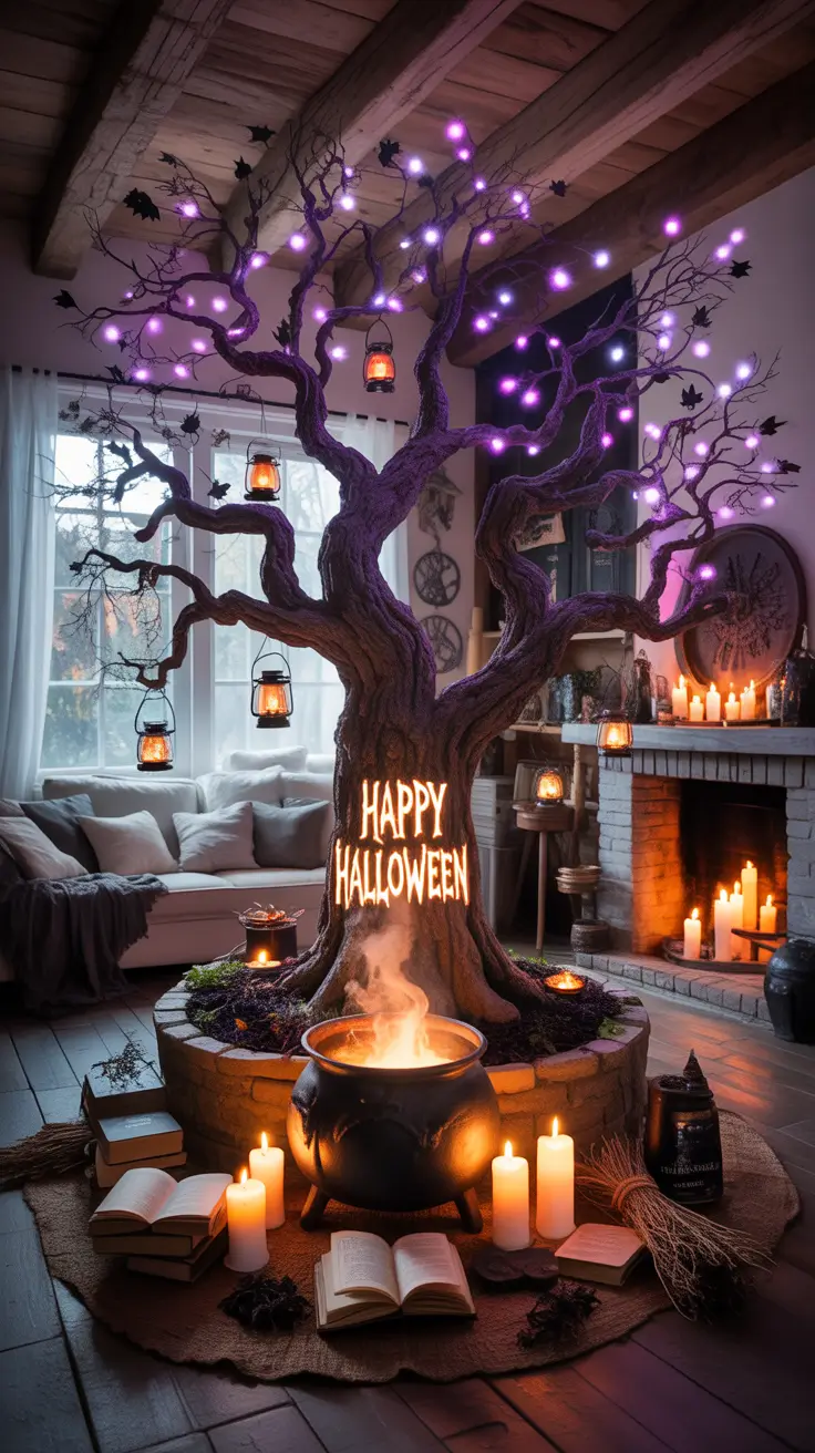 halloween tree ideas 2025 Witch-Themed Trees With Brooms, Hats, And Magic