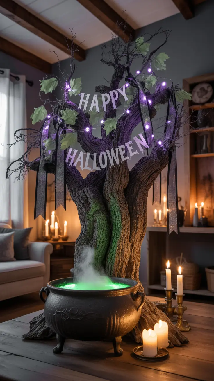 halloween tree ideas 2025 Witch-Themed Trees With Brooms, Hats, And Magic