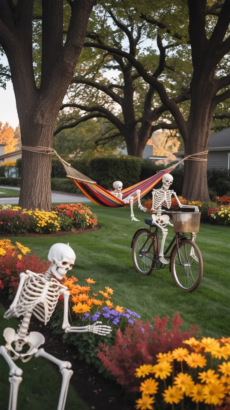 outdoor halloween decor ideas 2025 Front Yard Skeleton Scenes for 2025