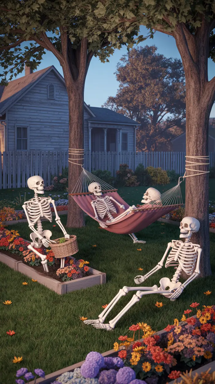 outdoor halloween decor ideas 2025 Front Yard Skeleton Scenes for 2025