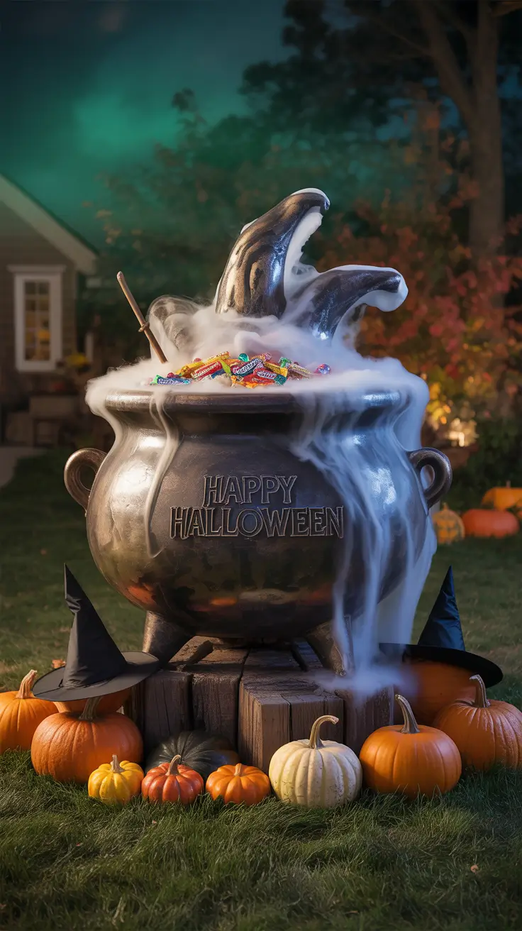 outdoor halloween decor ideas 2025 Giant Cauldron Decor for Spells and Candy