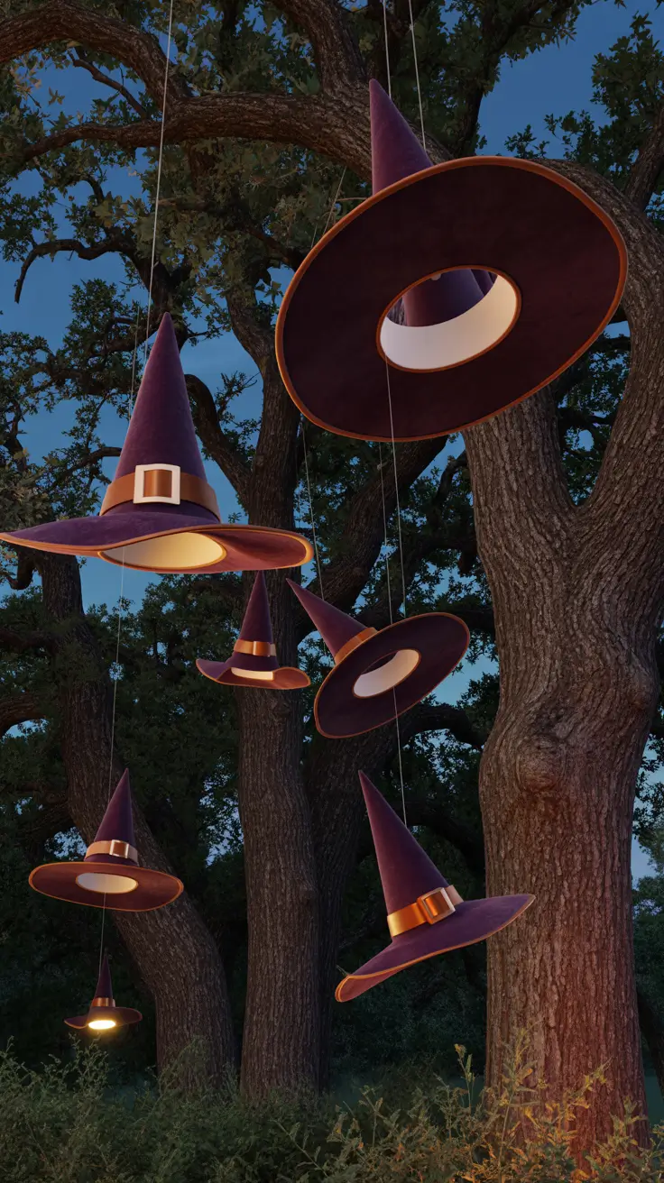 outdoor halloween decor ideas 2025 Witch Hat Trails Hanging From the Trees