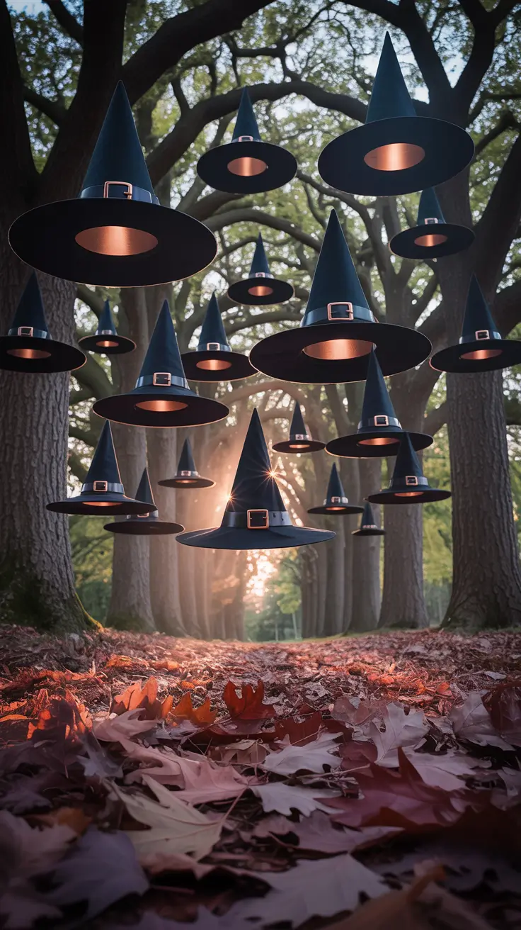 outdoor halloween decor ideas 2025 Witch Hat Trails Hanging From the Trees