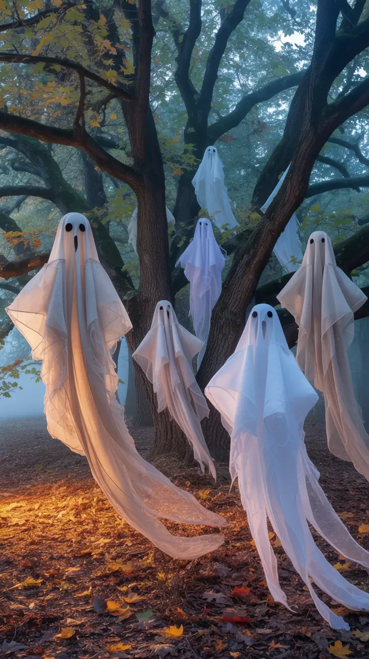 outdoor halloween decor ideas 2025 Floating Ghosts That Dance in the Breeze