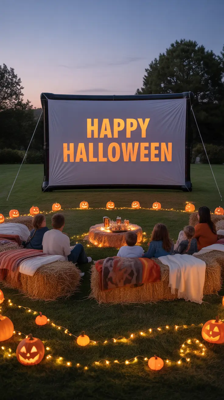 outdoor halloween decor ideas 2025 Creepy-Cute Outdoor Movie Night Setup
