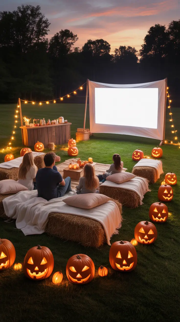 outdoor halloween decor ideas 2025 Creepy-Cute Outdoor Movie Night Setup