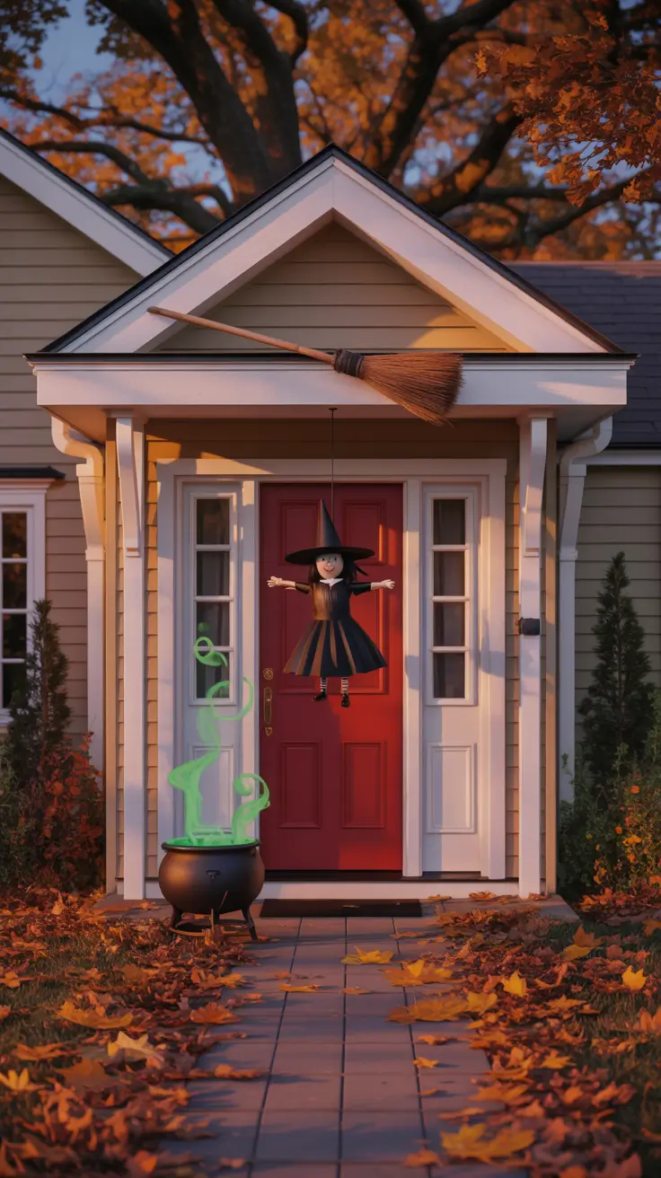 scary halloween door decorations 2025 Floating Witch Door with Broom and Cauldron