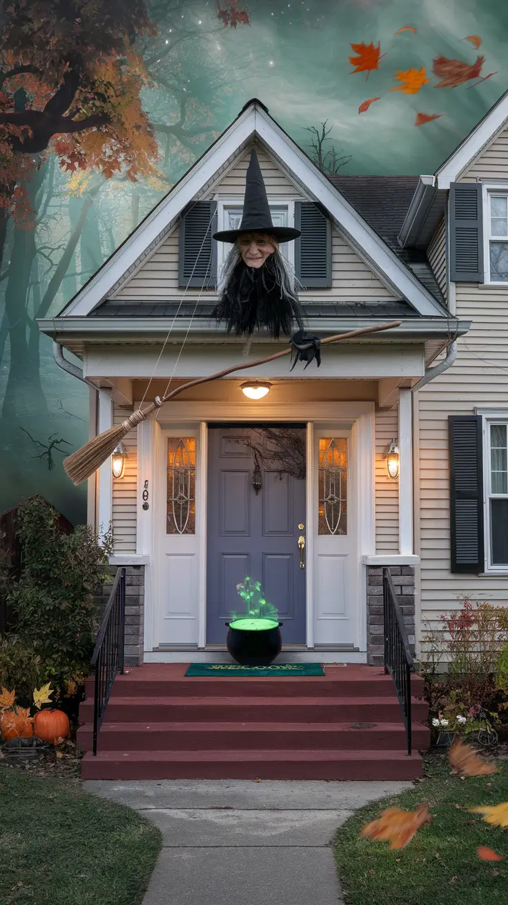 scary halloween door decorations 2025 Floating Witch Door with Broom and Cauldron