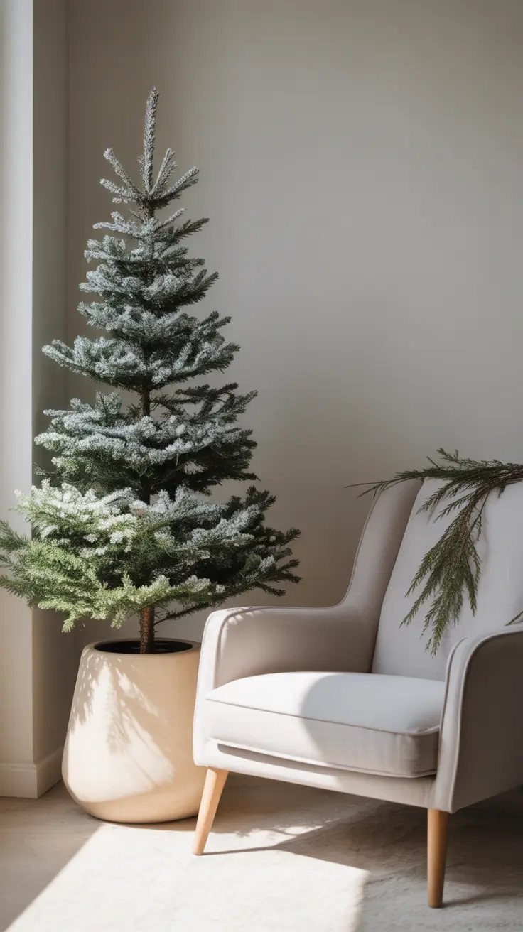 Minimalist Christmas living room with simple tree and candles