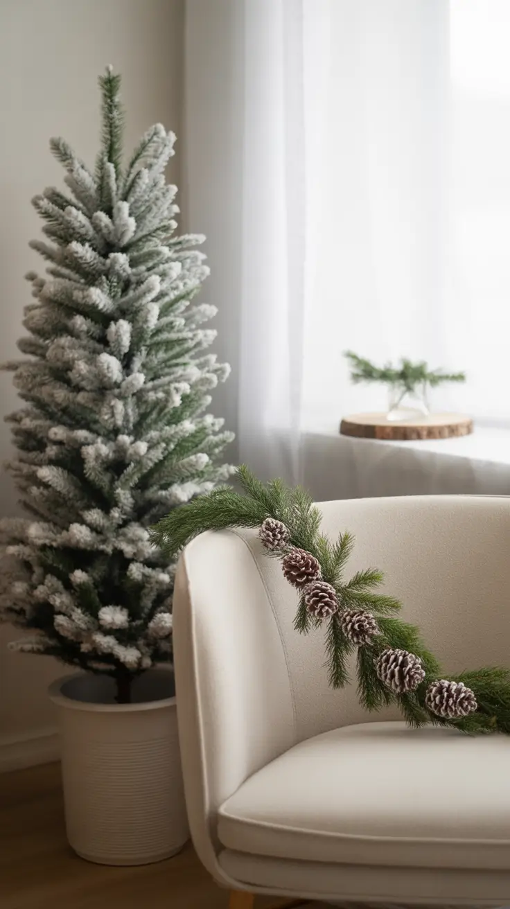 Minimalist Christmas living room with simple tree and candles