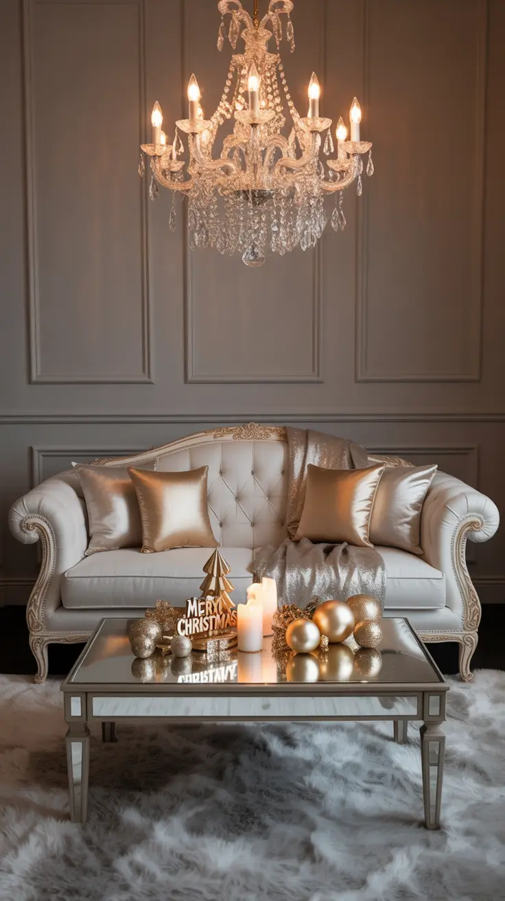Frosted Christmas tree in modern living room