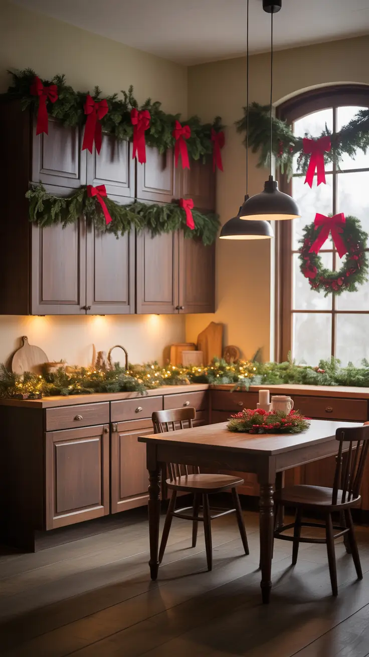Christmas Kitchen Decor Ideas 2025 Brown Cabinets Rustic Holiday Glow