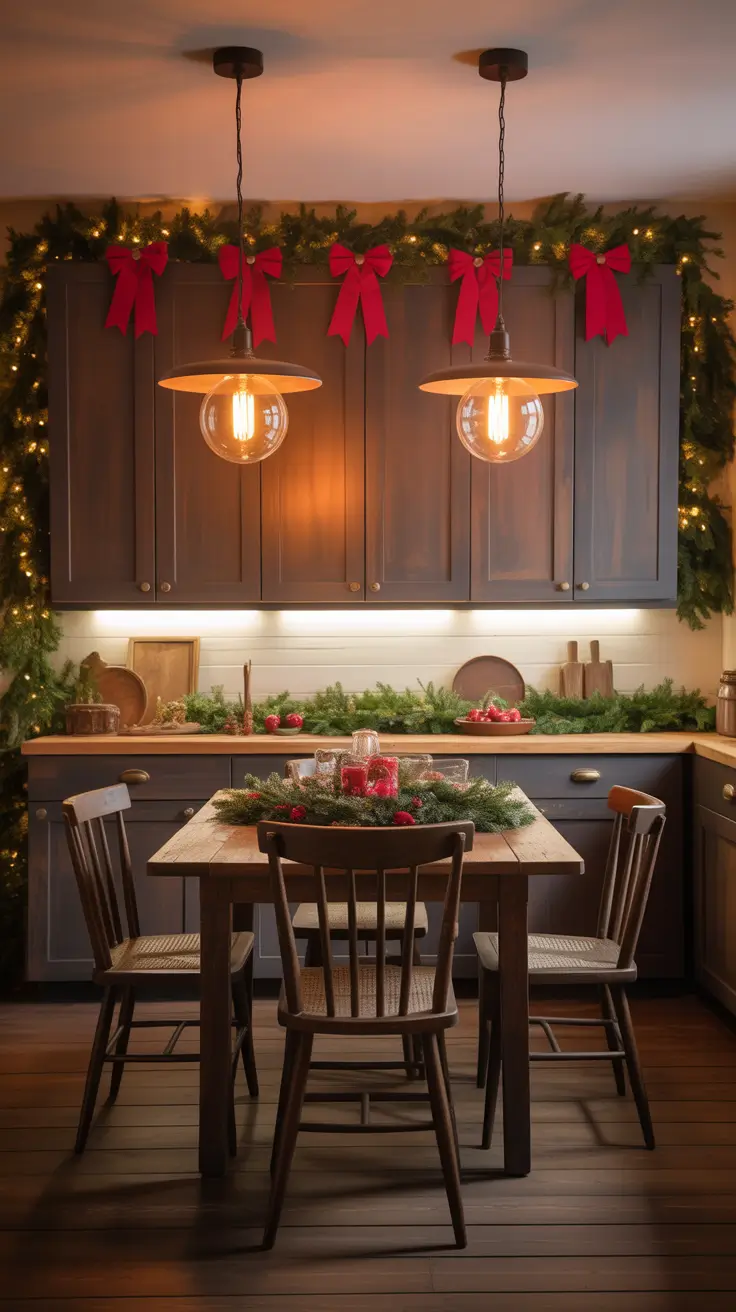 Christmas Kitchen Decor Ideas 2025 Brown Cabinets Rustic Holiday Glow
