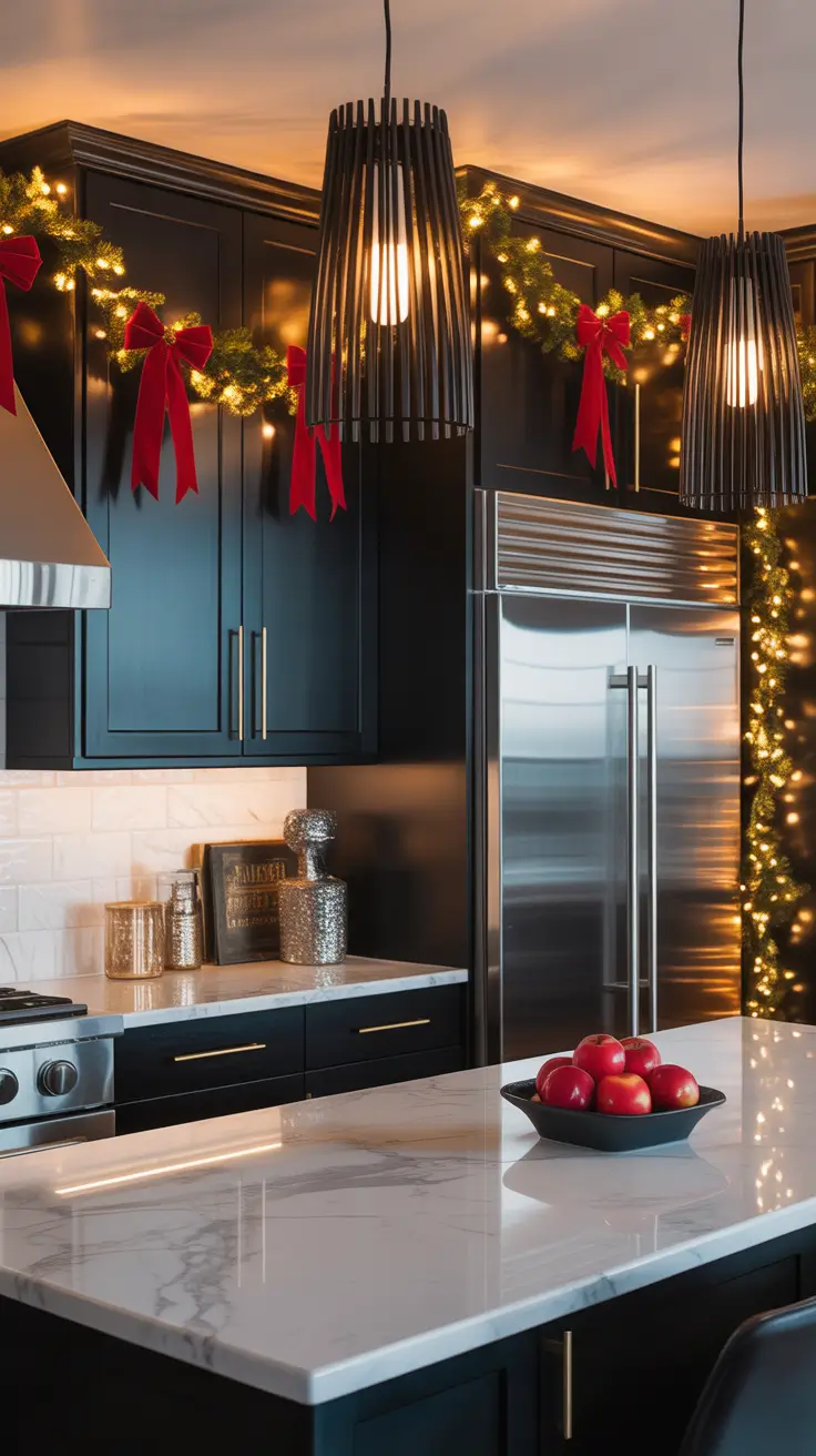 Christmas Kitchen Decor Ideas 2025 Black Cabinets Christmas Drama