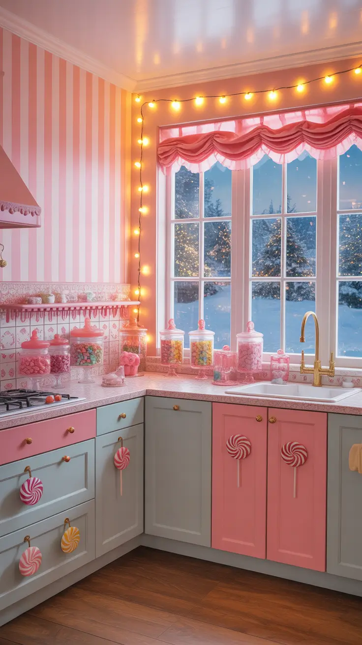 Christmas Kitchen Decor Ideas 2025 Pink And White Candy-Inspired Kitchen