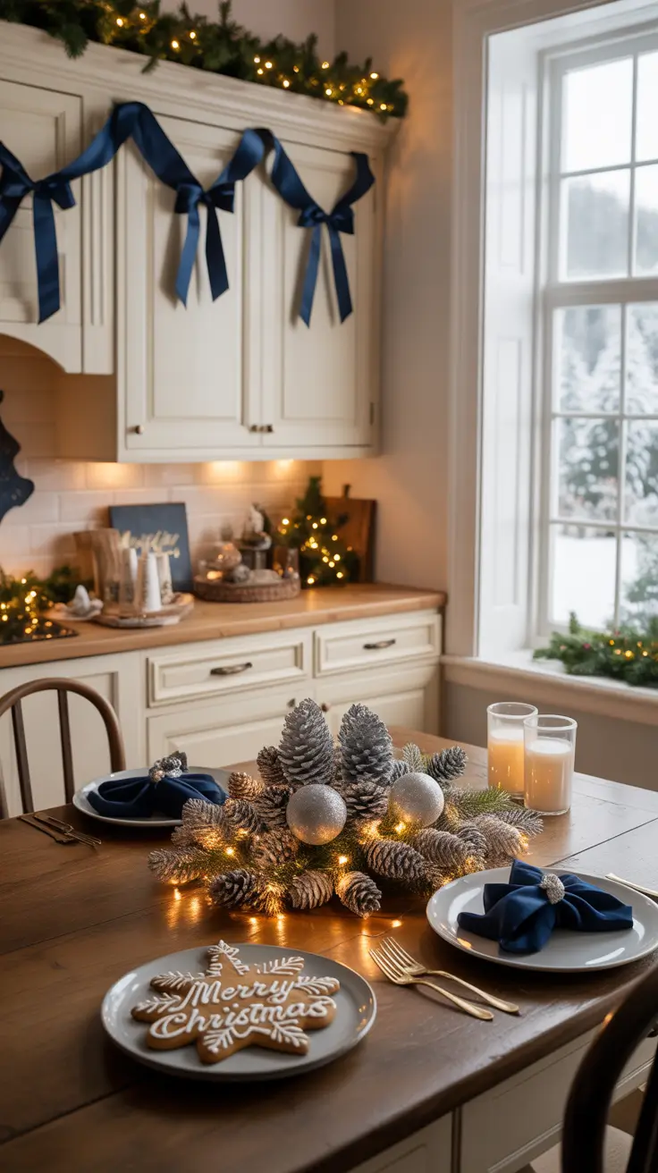 Christmas Kitchen Decor Ideas 2025 Blue Accents On Cabinets For Christmas