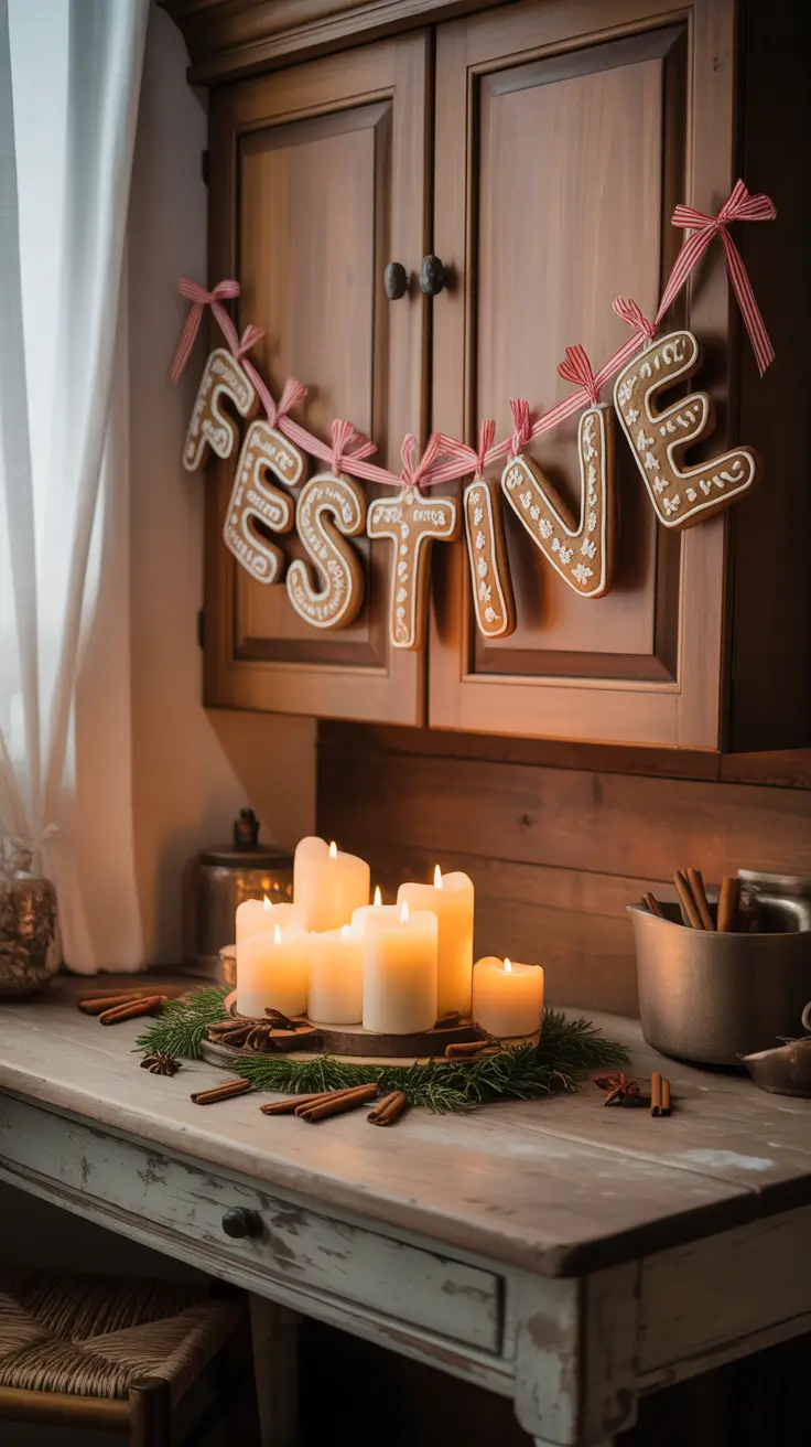 Christmas Kitchen Decor Ideas 2025 Festive Gingerbread Garland Over Cabinets