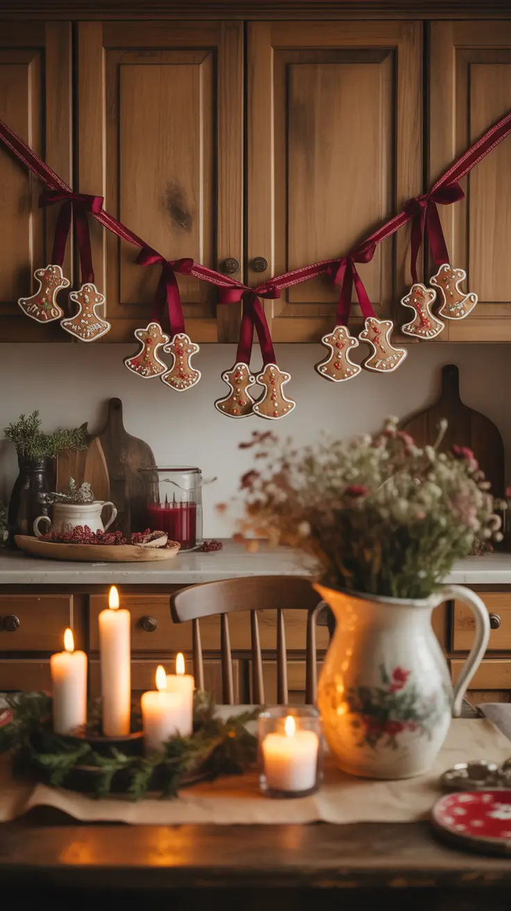 Christmas Kitchen Decor Ideas 2025 Festive Gingerbread Garland Over Cabinets