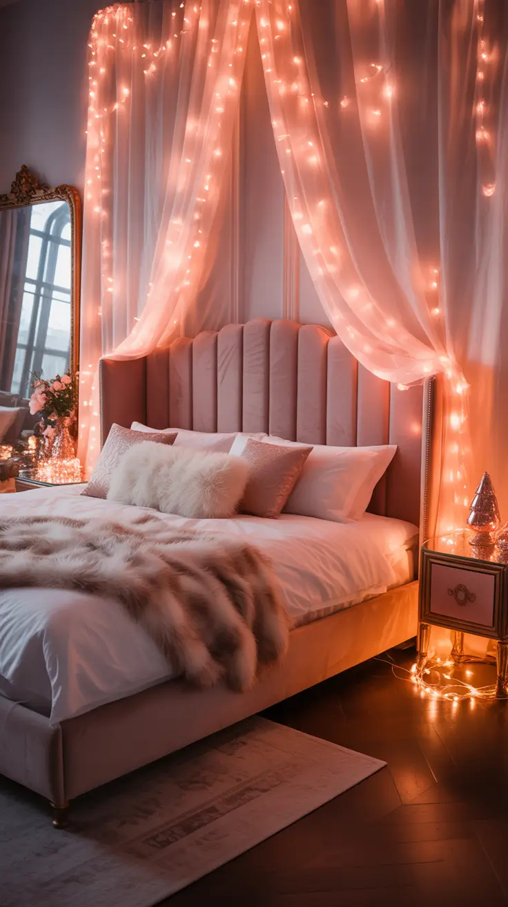 Christmas lights in the bedroom 2025 Pink aesthetic