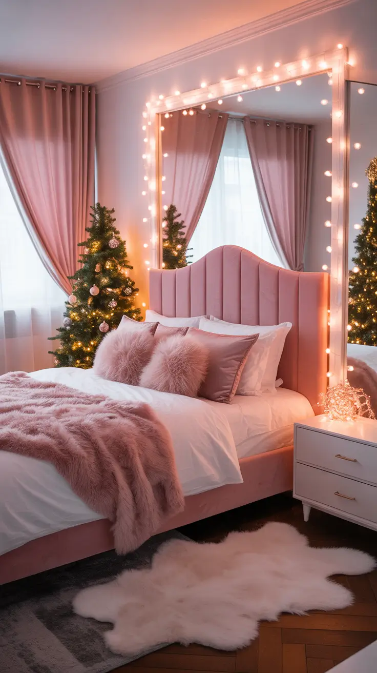 Christmas lights in the bedroom 2025 Pink aesthetic