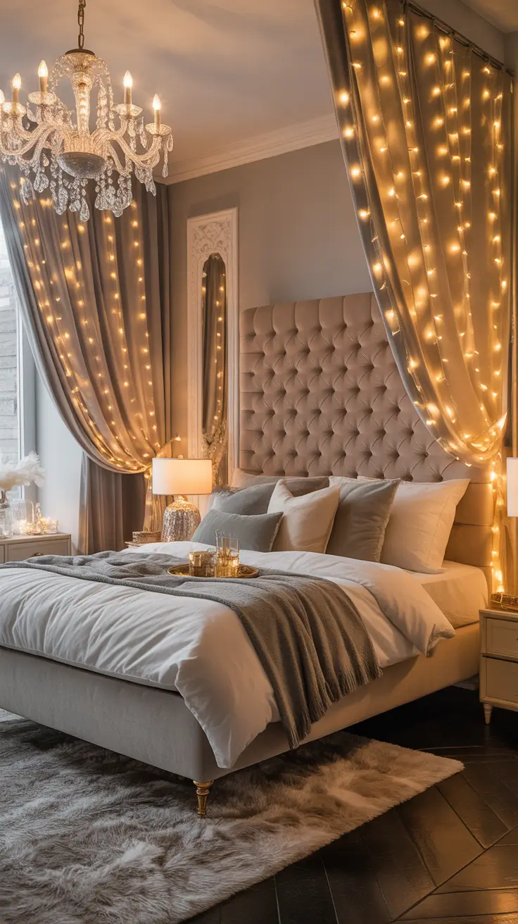 Christmas lights in the bedroom 2025 Bright colorful canopy