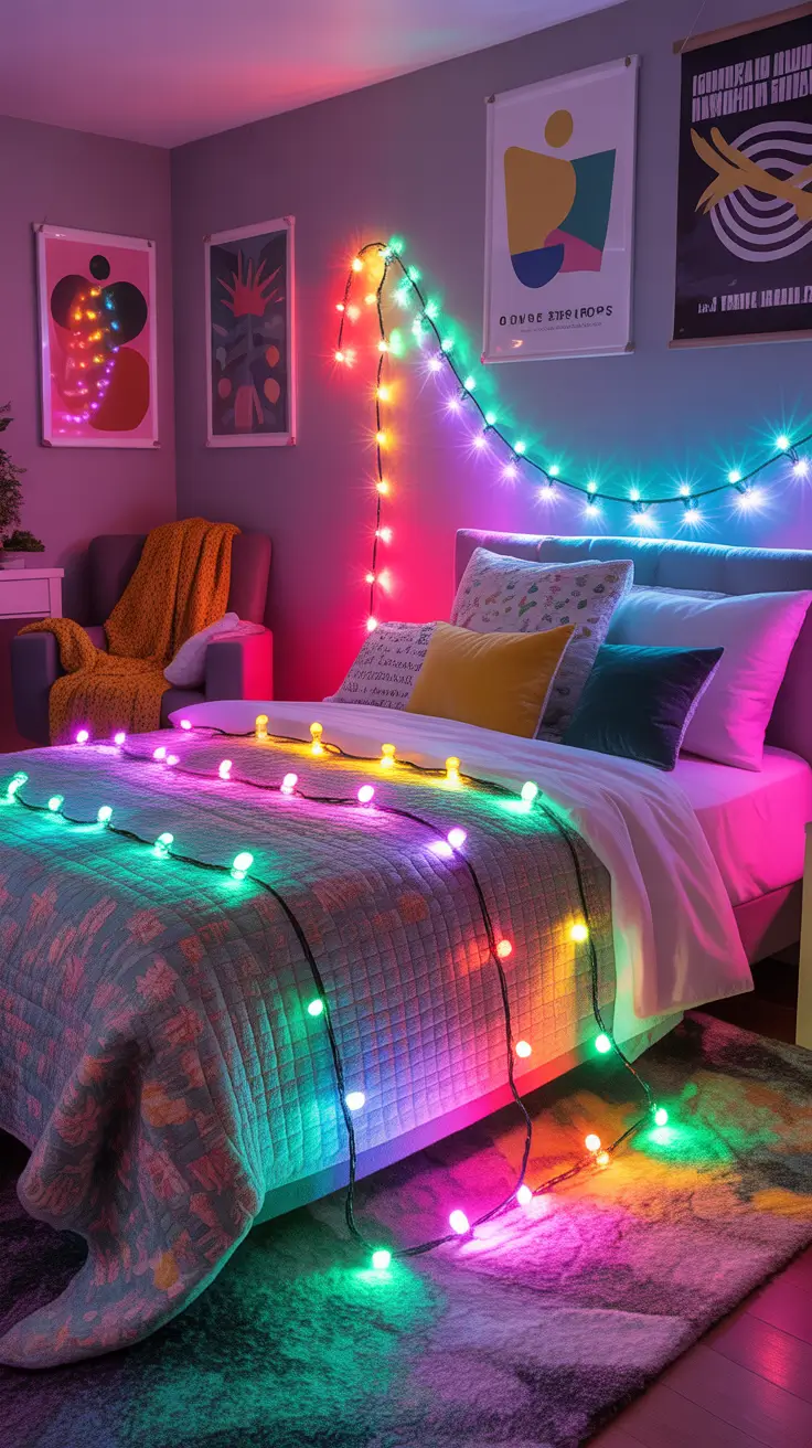 Christmas lights in the bedroom 2025 Rainbow vibes