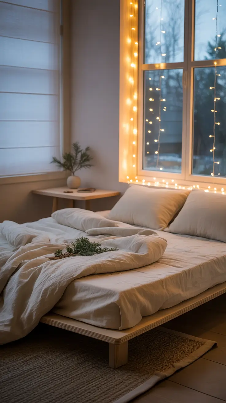 Christmas lights in the bedroom 2025 White minimalist bedroom