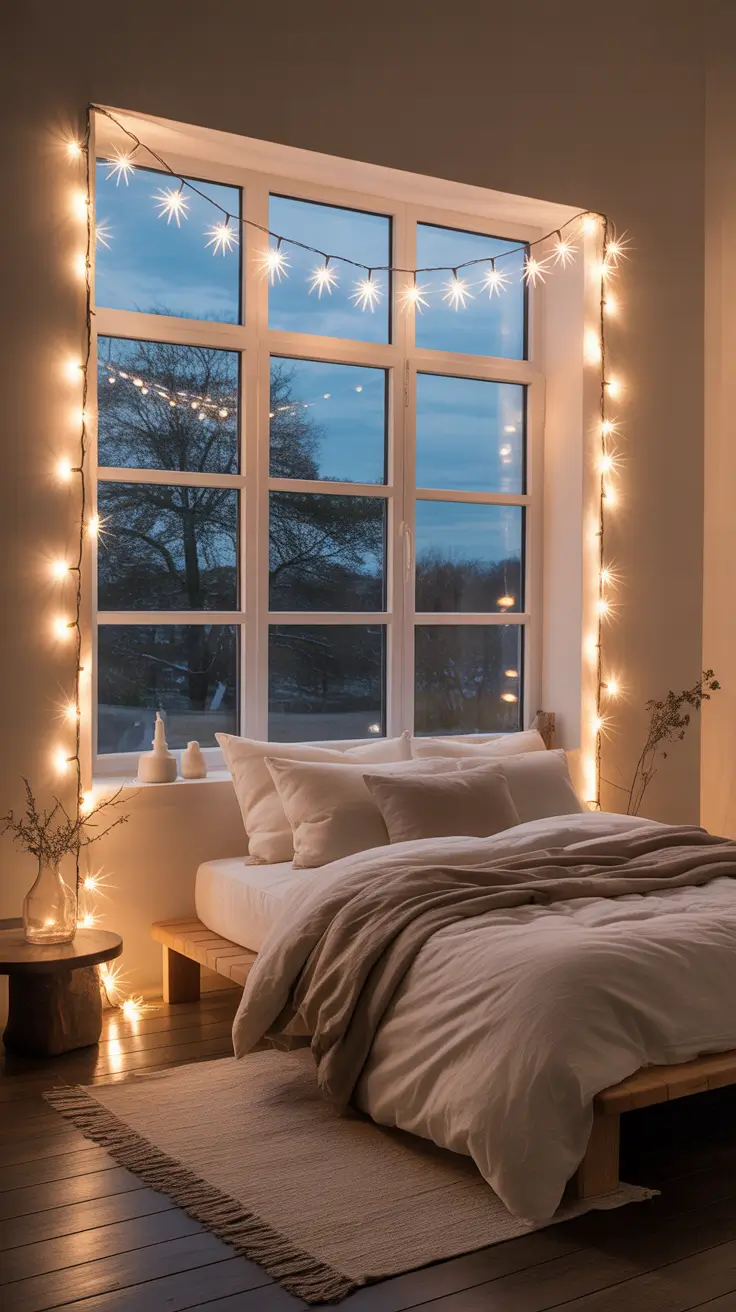 Christmas lights in the bedroom 2025 White minimalist bedroom