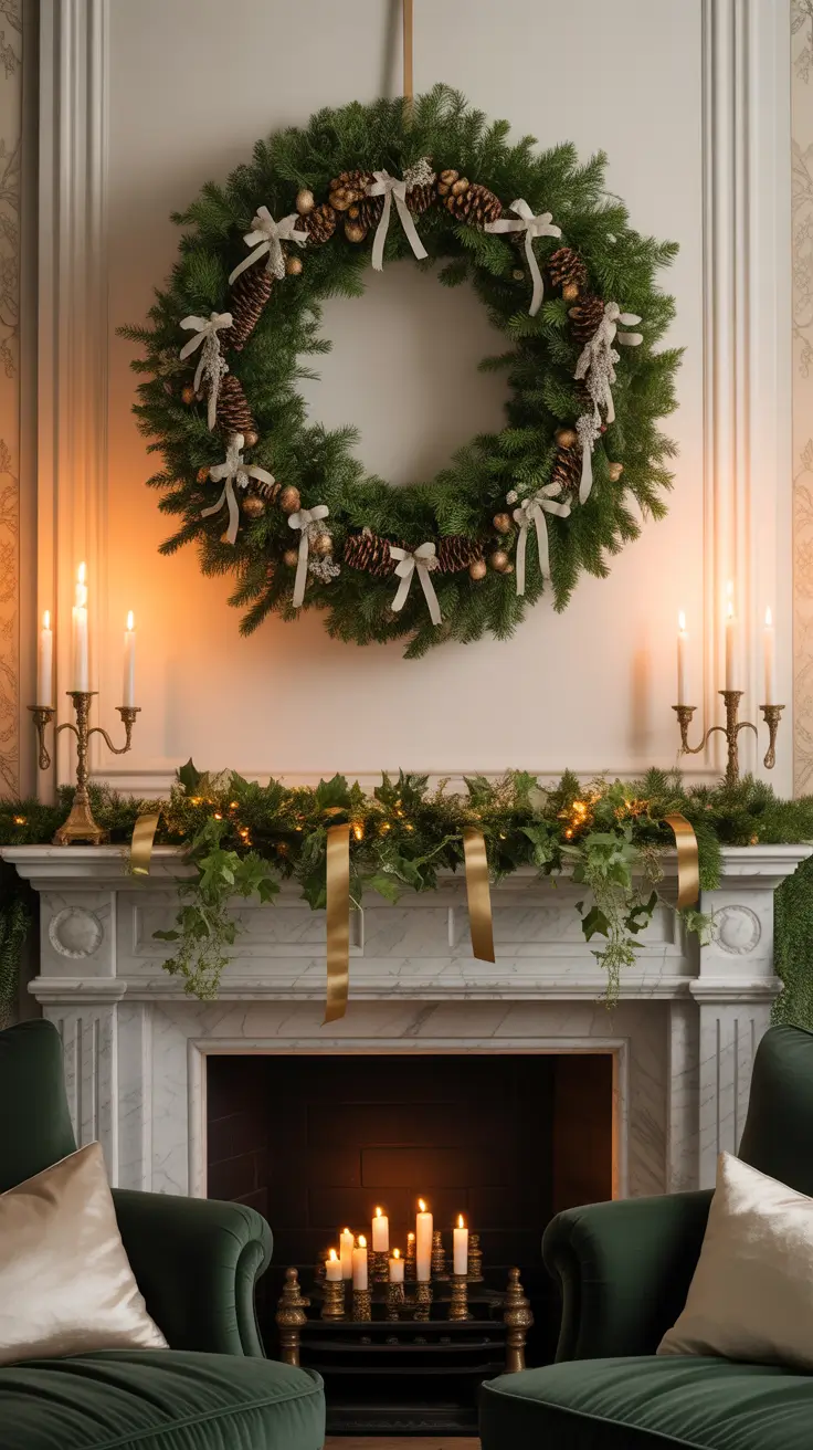 Christmas Mantle Decor Ideas 2025 Wreath Over Fireplace Mantle Looks