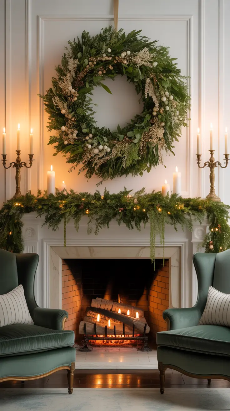 Christmas Mantle Decor Ideas 2025 Wreath Over Fireplace Mantle Looks