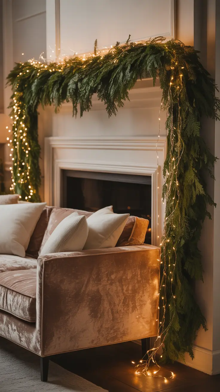 Christmas mantle decor ideas 2025 Layered Garland And Lights On The Mantle