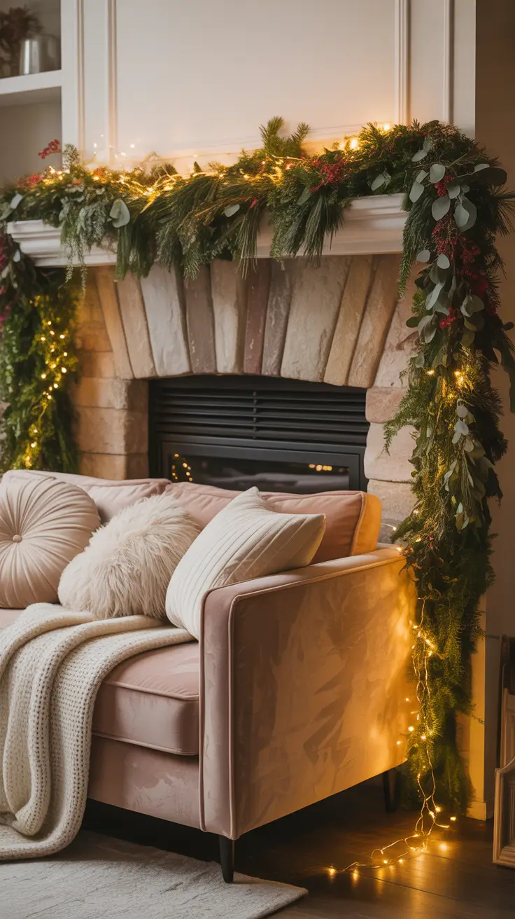Christmas mantle decor ideas 2025 Layered Garland And Lights On The Mantle
