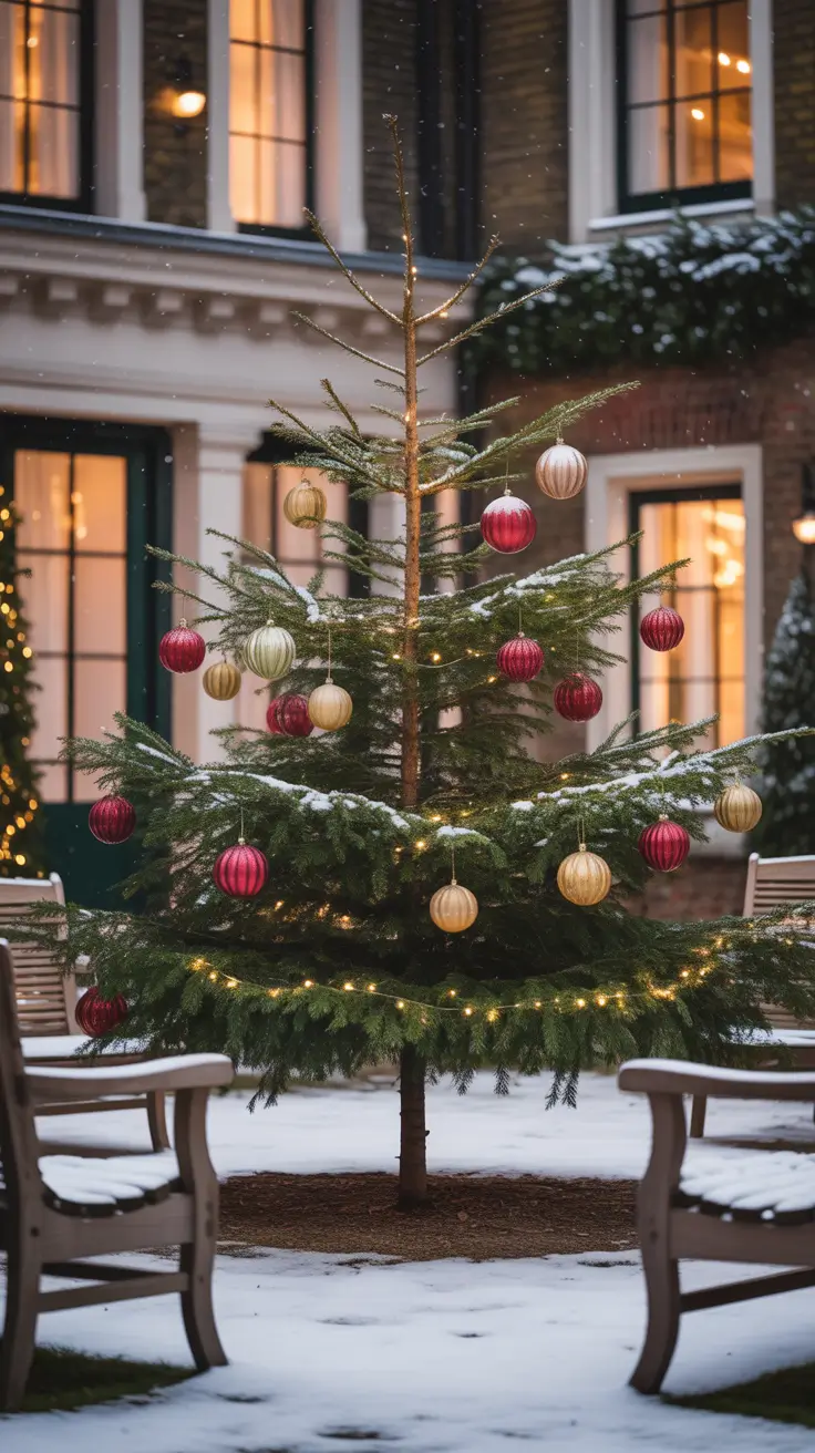 Outdoor Christmas Decorations Ideas 2025 Traditional Christmas Tree Outdoors With A Modern Twist