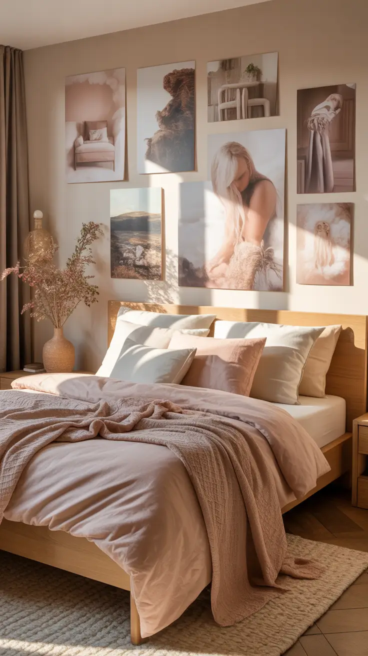 Bedroom Makeover Ideas 2026 Soft Blush Bedroom with Artistic Wall Decor