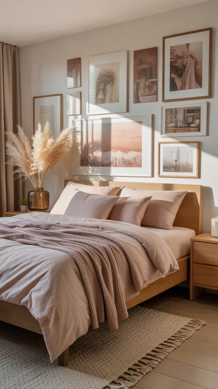 Bedroom Makeover Ideas 2026 Soft Blush Bedroom with Artistic Wall Decor