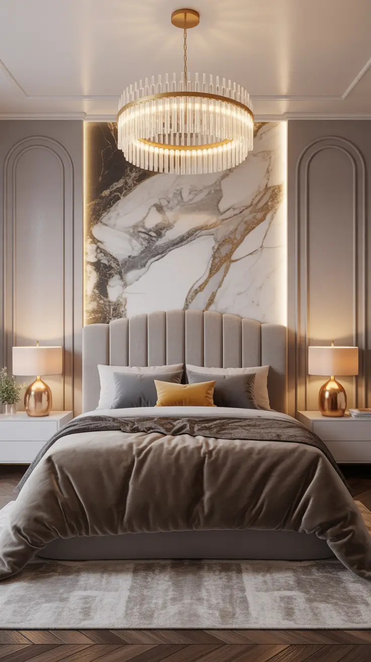 Luxurious Marble Bedroom with Golden Glow