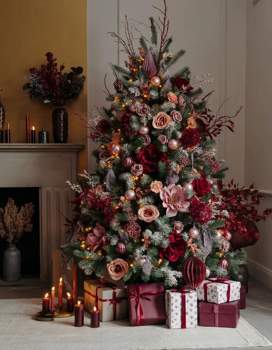 Christmas tree trends 2025 Romantic Burgundy & Rose Elegance, christmas tree decor ideas 2025 trends red