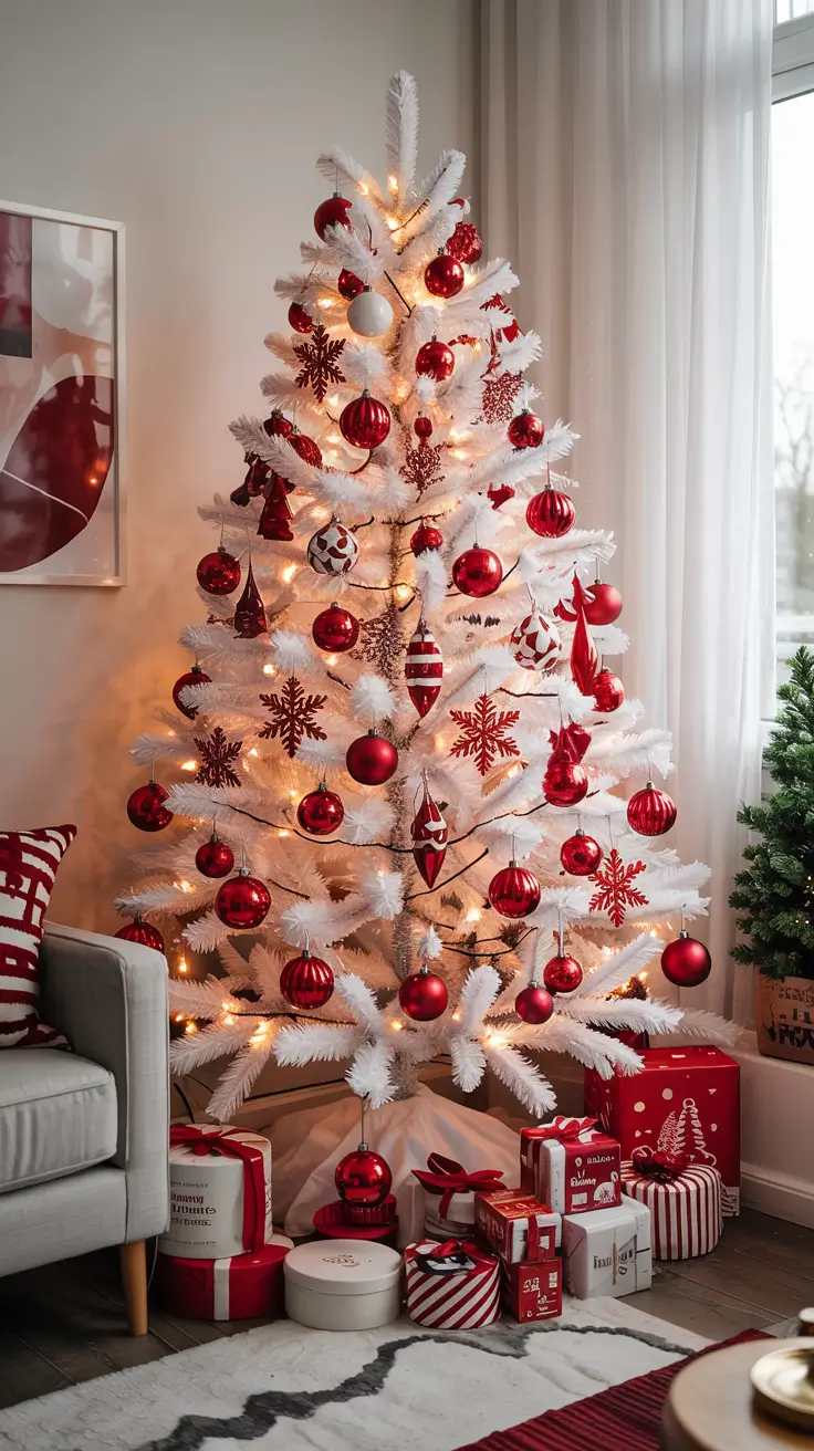 White and Red Christmas Tree Festive Contrast Decor 2025