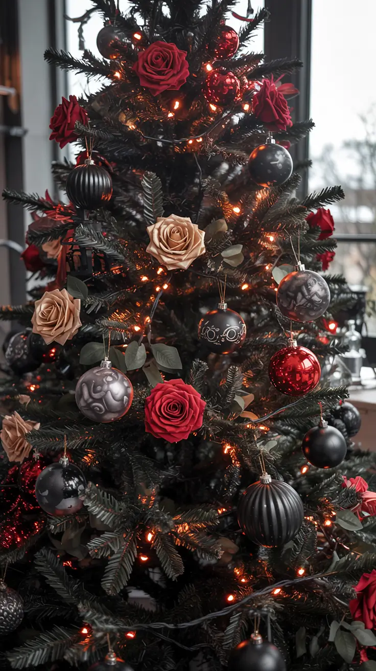 Christmas tree trends 2025 Gothic Rose Noir Tree black red style