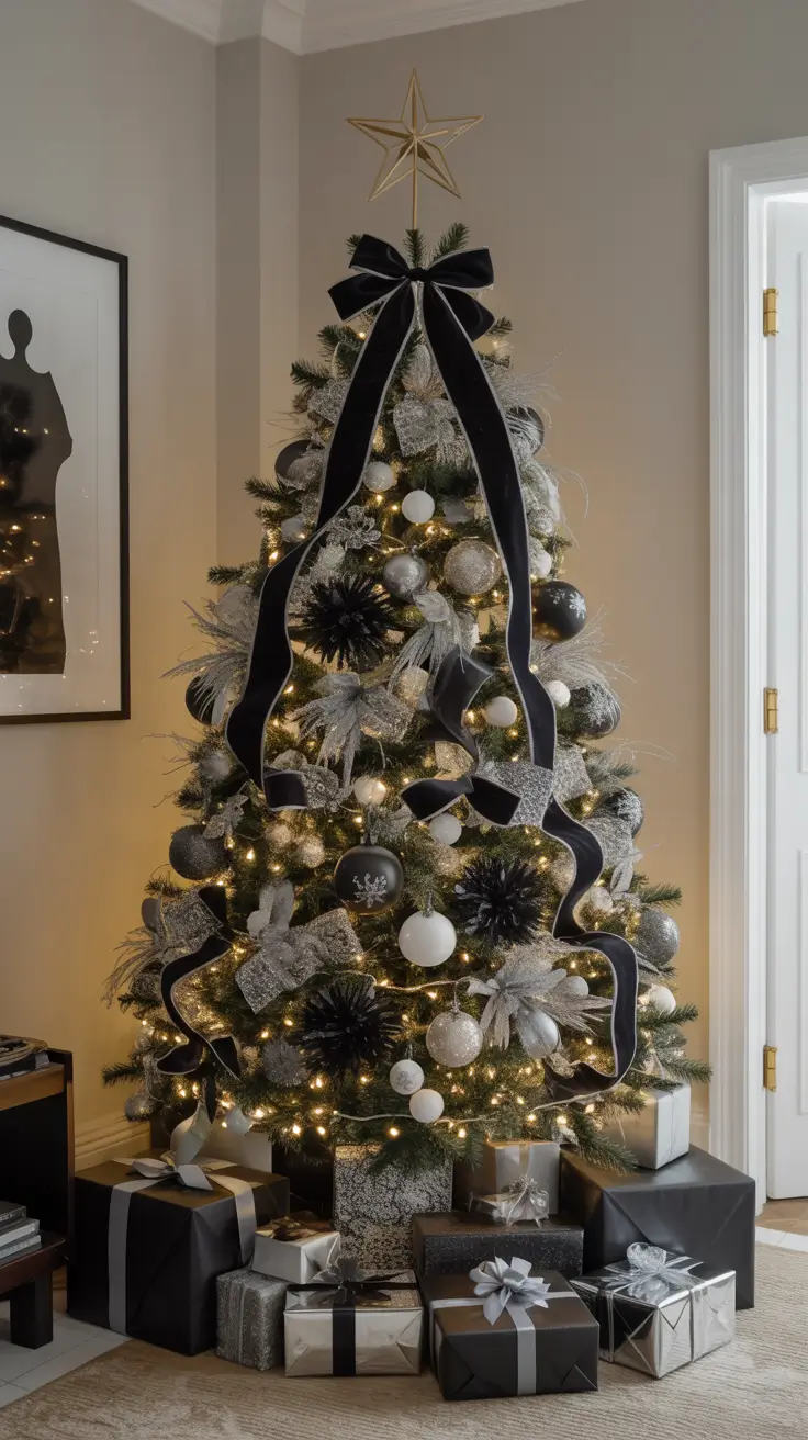 Christmas Tree Trends 2025 Black Velvet & Silver Sophistication, modern Christmas tree 2025