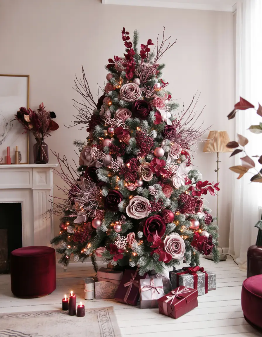Christmas tree trends 2025 Romantic Burgundy & Rose Elegance, christmas tree 2025 trends decoration colors